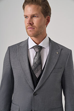  Erkek Siyah Poliviskon Trend Desenli Slim Fit Yelekli Kombinli Takım Elbise