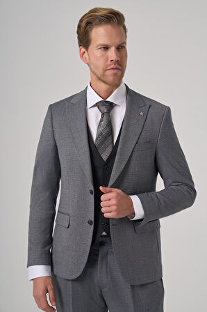  Erkek Siyah Poliviskon Trend Desenli Slim Fit Yelekli Kombinli Takım Elbise