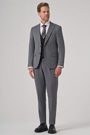  Erkek Siyah Poliviskon Trend Desenli Slim Fit Yelekli Kombinli Takım Elbise