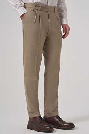  Erkek Bej Poliviskon Trend Desenli Slim Fit Çift Pile Pantolon