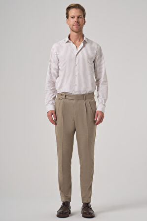  Erkek Bej Poliviskon Trend Desenli Slim Fit Çift Pile Pantolon