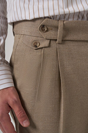  Erkek Bej Poliviskon Trend Desenli Slim Fit Çift Pile Pantolon