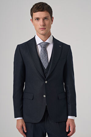  Erkek Lacivert Poliviskon Trend Çizgili Slim Fit Sivri Yaka Yelekli Takım Elbise
