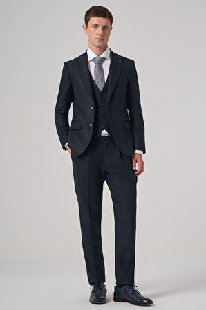  Erkek Lacivert Poliviskon Trend Çizgili Slim Fit Sivri Yaka Yelekli Takım Elbise