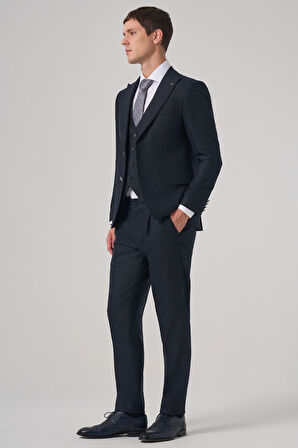  Erkek Lacivert Poliviskon Trend Çizgili Slim Fit Sivri Yaka Yelekli Takım Elbise