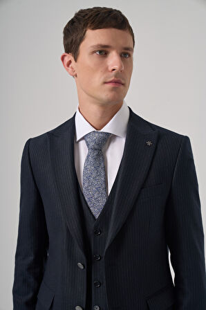  Erkek Lacivert Poliviskon Trend Çizgili Slim Fit Sivri Yaka Yelekli Takım Elbise