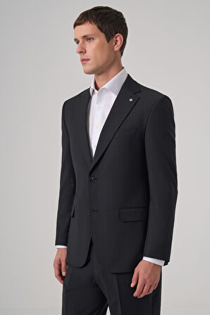  Erkek Siyah Yün Trend Çizgili Dynamic Fit Mono Yaka Takım Elbise