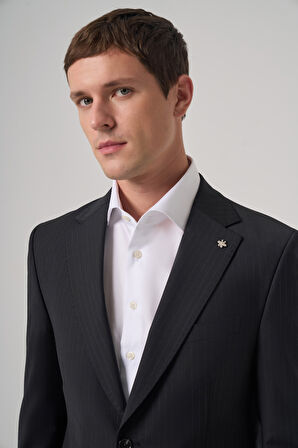  Erkek Siyah Yün Trend Çizgili Dynamic Fit Mono Yaka Takım Elbise