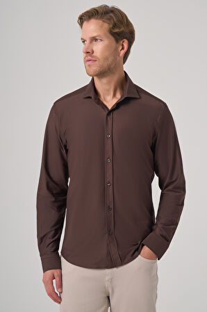  Erkek KAHVE Trend Düz Slim Fit Tam İtalyan Yaka Gömlek