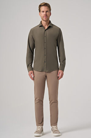  Erkek Haki Trend Düz Slim Fit Tam İtalyan Yaka Gömlek