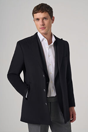  Erkek Siyah Yünlü Düz Dynamic Fit Sivri Yaka Kaban