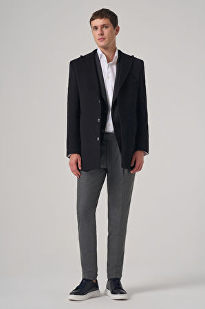  Erkek Siyah Yünlü Düz Dynamic Fit Sivri Yaka Kaban