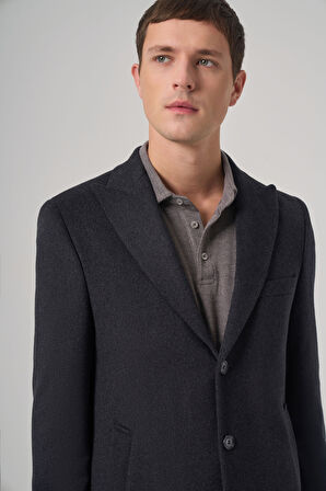  Erkek Füme Yünlü Düz Dynamic Fit Sivri Yaka Kaban