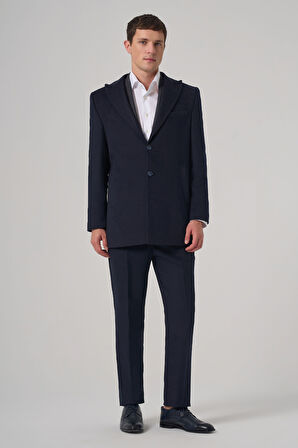  Erkek Lacivert Yünlü Düz Dynamic Fit Sivri Yaka Kaban