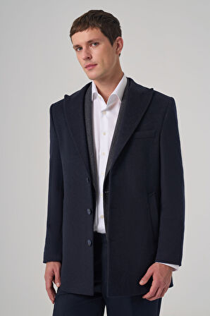  Erkek Lacivert Yünlü Düz Dynamic Fit Sivri Yaka Kaban