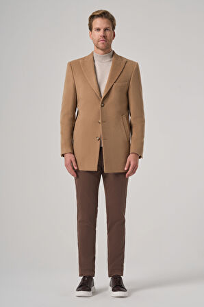  Erkek Bej Yünlü Düz Dynamic Fit Sivri Yaka Kaban