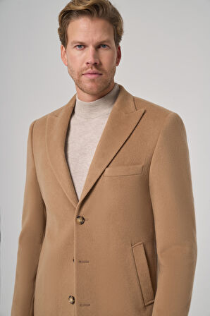  Erkek Bej Yünlü Düz Dynamic Fit Sivri Yaka Kaban