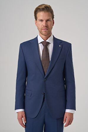  Erkek Lacivert Yünlü Trend Desenli Dynamic Fit Mono Yaka Takım Elbise