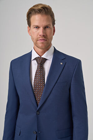  Erkek Lacivert Yünlü Trend Desenli Dynamic Fit Mono Yaka Takım Elbise