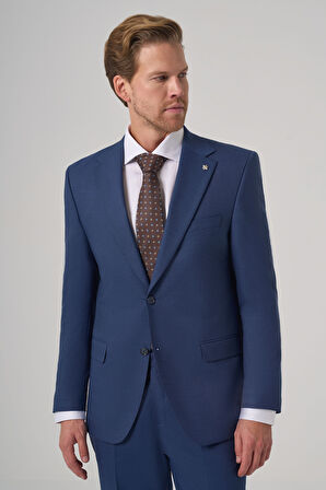  Erkek Lacivert Yünlü Trend Desenli Dynamic Fit Mono Yaka Takım Elbise