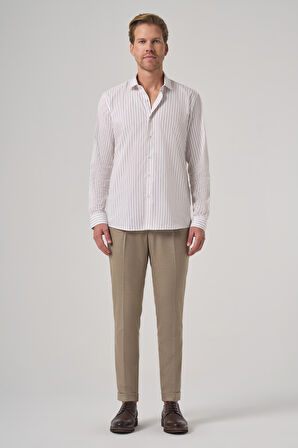  Erkek Bej Pamuk Trend Çizgili Slim Fit Yarım İtalyan Yaka Gömlek