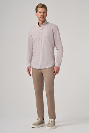  Erkek Bej Pamuk Trend Çizgili Dynamic Fit Düğmeli Yaka Gömlek