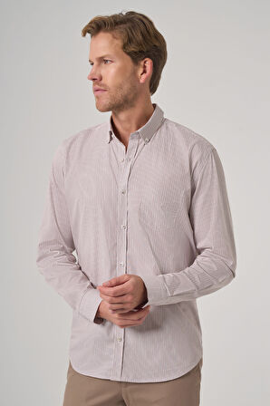  Erkek Bej Pamuk Trend Çizgili Dynamic Fit Düğmeli Yaka Gömlek