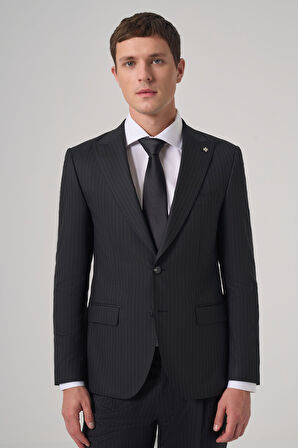  Erkek Siyah Yünlü Trend Çizgili Slim Fit Sivri Yaka Takım Elbise