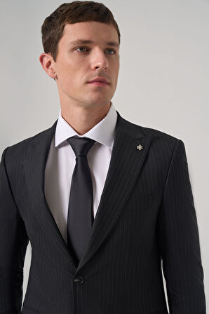  Erkek Siyah Yünlü Trend Çizgili Slim Fit Sivri Yaka Takım Elbise