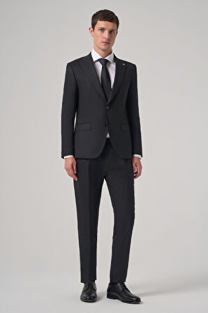  Erkek Siyah Yünlü Trend Çizgili Slim Fit Sivri Yaka Takım Elbise
