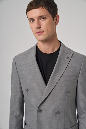  Erkek Gri Poliviskon Trend Desenli Slim Fit Sivri Yaka Takım Elbise