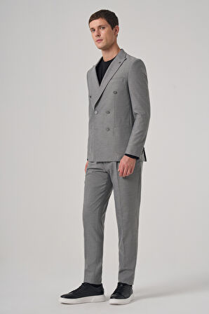  Erkek Gri Poliviskon Trend Desenli Slim Fit Sivri Yaka Takım Elbise