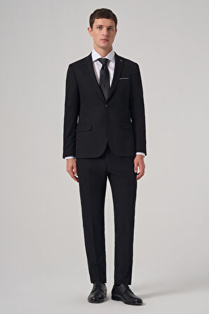  Erkek Siyah Yünlü Trend Düz Slim Fit Sivri Yaka Takım Elbise