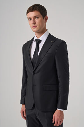  Erkek Lacivert Yünlü Trend Düz Slim Fit Sivri Yaka Takım Elbise