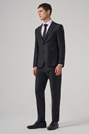  Erkek Lacivert Yünlü Trend Düz Slim Fit Sivri Yaka Takım Elbise