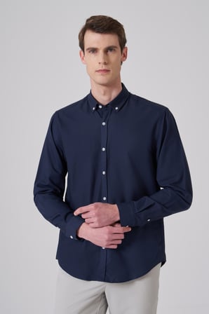  Erkek KOYU LACİVERT Pamuk Trend Düz Dynamic Fit Düğmeli Yaka Gömlek