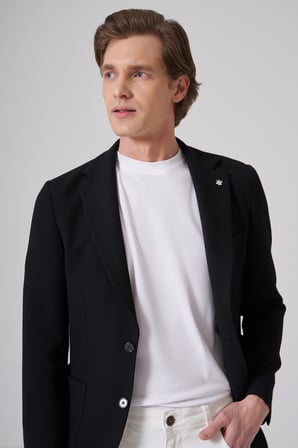  Erkek Siyah Örme Trend Slim Fit Mono Yaka Ceket