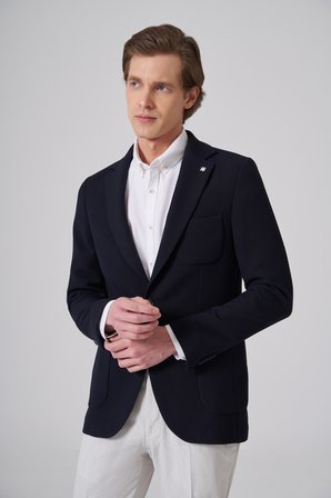  Erkek Lacivert Örme Trend Slim Fit Mono Yaka Ceket