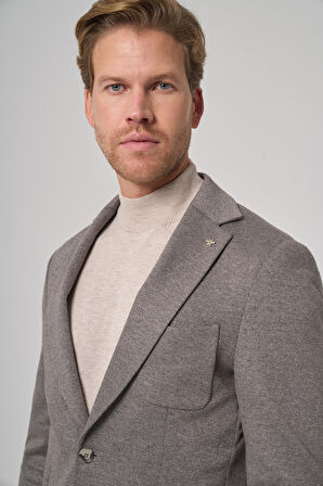  Erkek Gri Örme Trend Desenli Slim Fit Mono Yaka Ceket