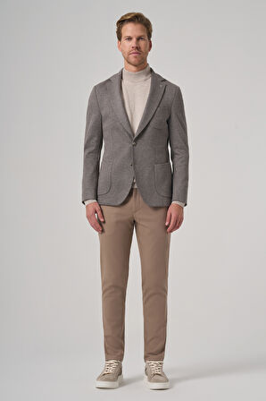  Erkek Gri Örme Trend Desenli Slim Fit Mono Yaka Ceket