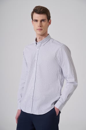  Erkek Lacivert Pamuk Trend Kareli Dynamic Fit Gömlek