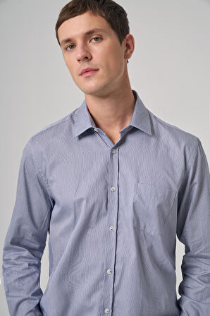  Erkek Lacivert Pamuk Trend Çizgili Regular Fit Sert Yaka Gömlek