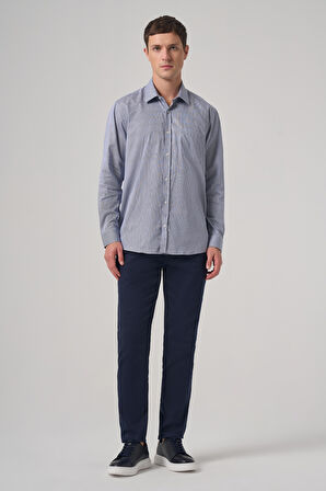  Erkek Lacivert Pamuk Trend Çizgili Regular Fit Sert Yaka Gömlek