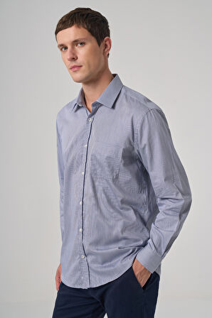  Erkek Lacivert Pamuk Trend Çizgili Regular Fit Sert Yaka Gömlek