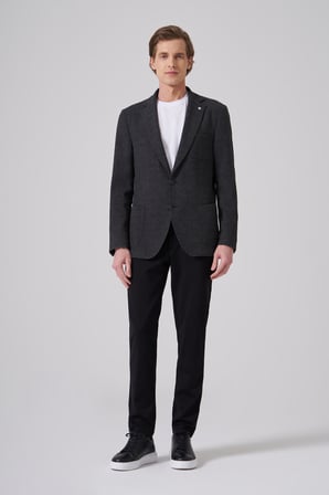  Erkek Siyah Yünlü Trend Desenli Slim Fit Mono Yaka Ceket