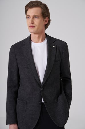  Erkek Siyah Yünlü Trend Desenli Slim Fit Mono Yaka Ceket