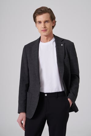  Erkek Siyah Yünlü Trend Desenli Slim Fit Mono Yaka Ceket