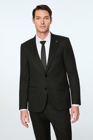  Erkek Siyah Poliviskon Basic Düz Slim Fit Sivri Yaka Takım Elbise