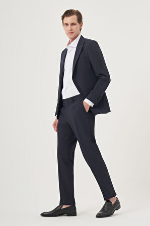  Erkek Lacivert Poliviskon Basic Düz Slim Fit Sivri Yaka Takım Elbise