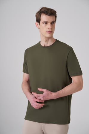  Erkek Haki Basic Bisiklet Yaka Dynamic Fit Pamuk T-Shirt